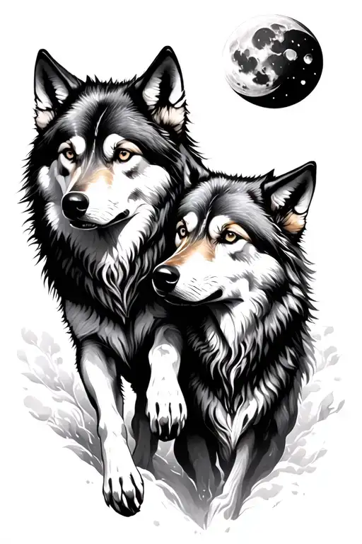 Two Wolves Chasing The Sun And Moon