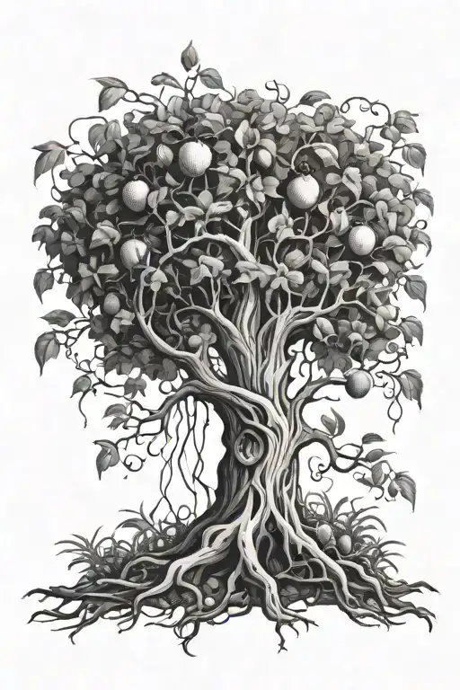 Tree With Roots And Fruits Going Down The Bottom