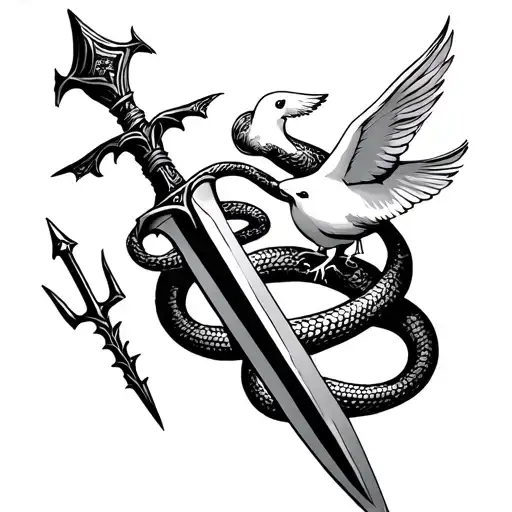Female Dagger With 7 On Top Of It With A Snake Around And A Cute Dove Trident