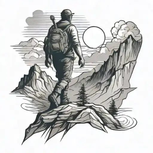Mountains With Man Trekking On Sunset