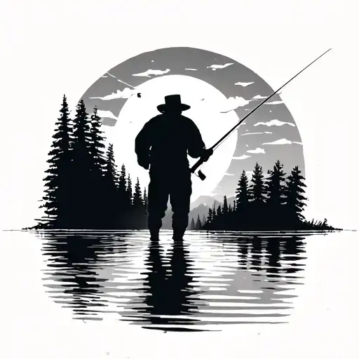 Silhouette Of Man Holding Fishing Pole Walking Into Lake