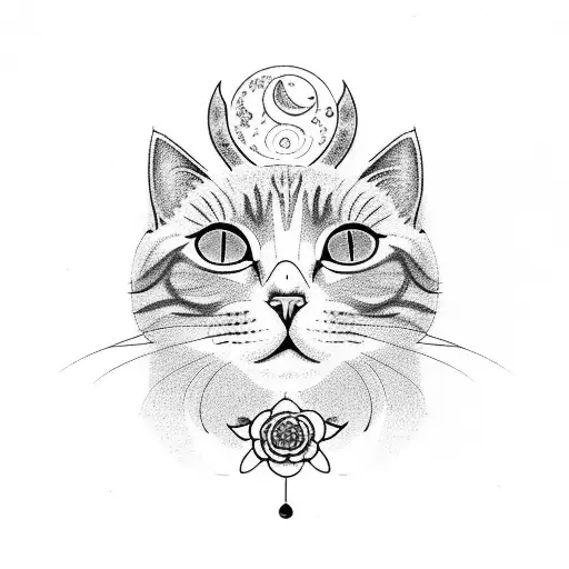 Cat With Moon And Chrysanthemums