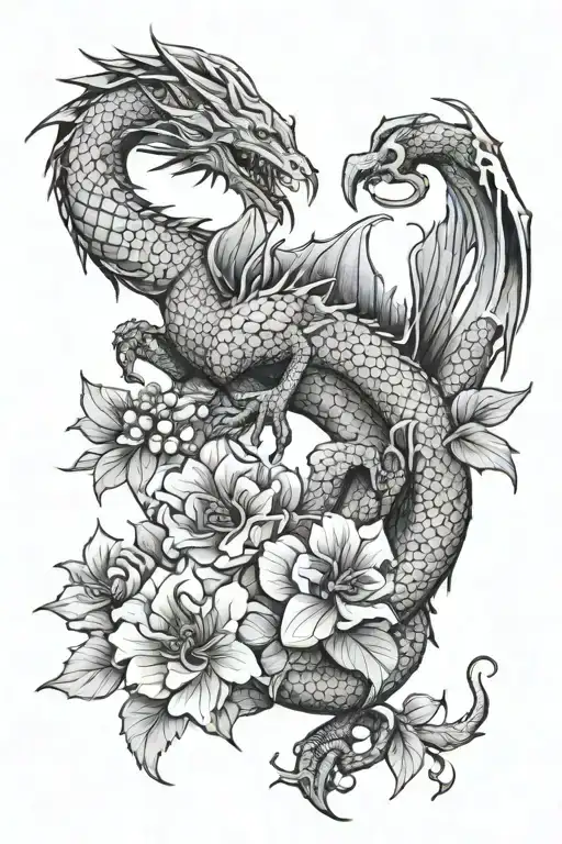 Realistic Long Dragon With Wings Adding Night Shade Flowers And Berrys