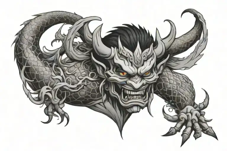Oni Mask With A Dragon Intertwined Yakuza Style Illustration