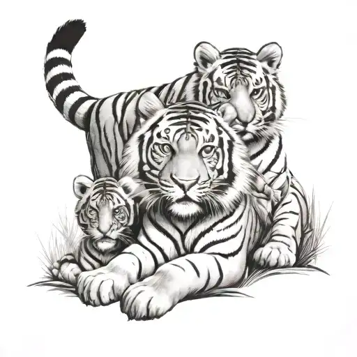 Tiger With Two Cubs Against The Backdrop Of Forest And Mountains