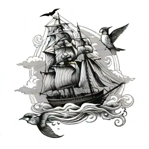 Victorian Ship Sailing With Swallow Bird