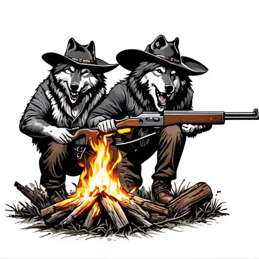 Cowboy By Campfire Shooting Wolves With Rifle