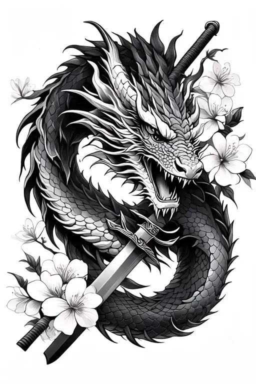 Dragon Intertwined Around Katana With Cherry Blossoms Surrounding