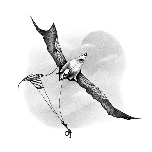 A Realistic Black And Grey Tattoo Of A Kite Soaring Above The Sea