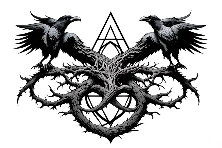 Yggdrasil And Nidhogg With Ravens And Norse Geometric Design In The Background