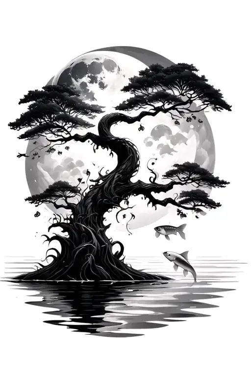Autumn Tree Blowing With Koi Fish & Moon Above Swimming In A Circle