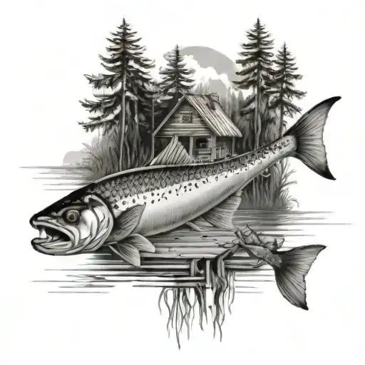 Polish Fisch At Lake With Pier In Center Of Forest Scene