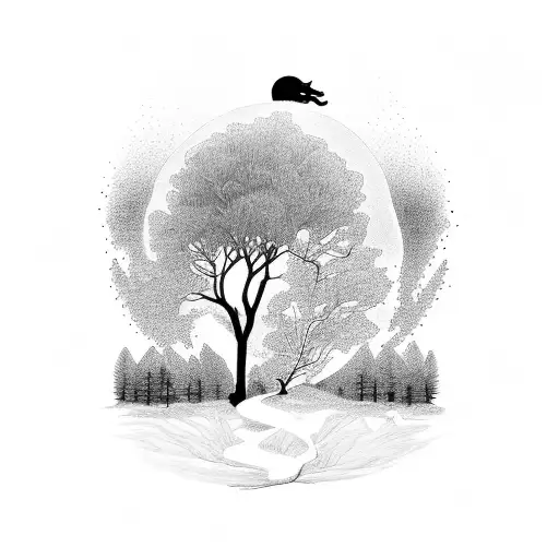 Forrest Silhouette With The Life Tree In The Middel And A Bunfire In Front