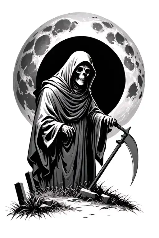 Grim Reaper With Scythe In A Graveyard Underneath A Full Moon