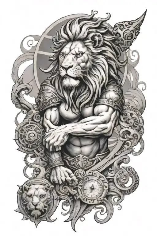 Warrior Lion In The Middle And Atlas At The Bottom With The God Of The Sea On Top Forearm