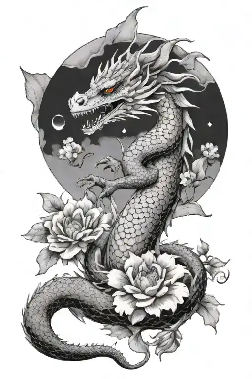 Feminine Water Dragon Surrounded By Flowers With A Creent Moon