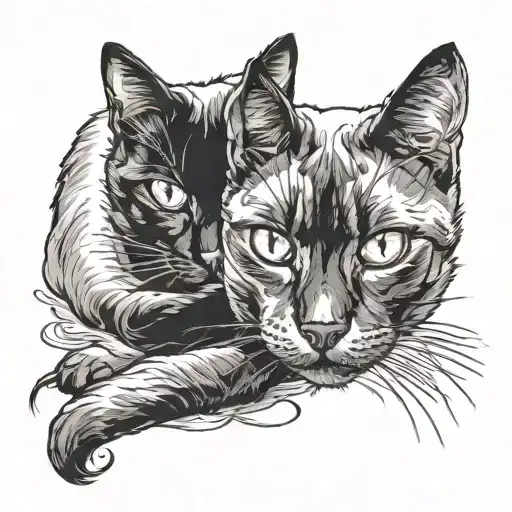 Black Cat Siamese Cat And Fluffly Cat Painting Style