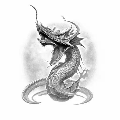 A Black-grey Tattoo Of A Majestic Wyrm Dragon Perched On A Pile Of Open Books