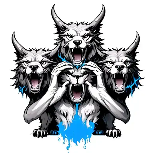 3 Headed Cerberus Tattoo Sleeve With Hear See Speak No Evil Dark But With Blue Accents