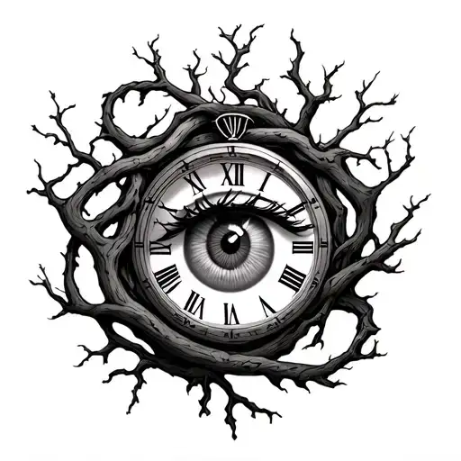 Dna Strand Made From Tree Branches With A Roman Numeral Clock Intertwined And An Eye