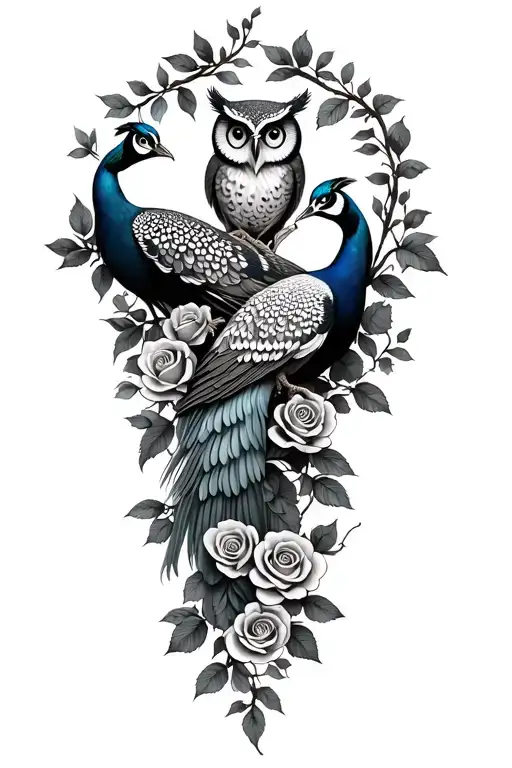 Rose Vine Wrapping With Peacocks And Owls