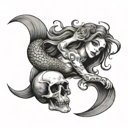Mermaid Swimming Up Holding A Skull