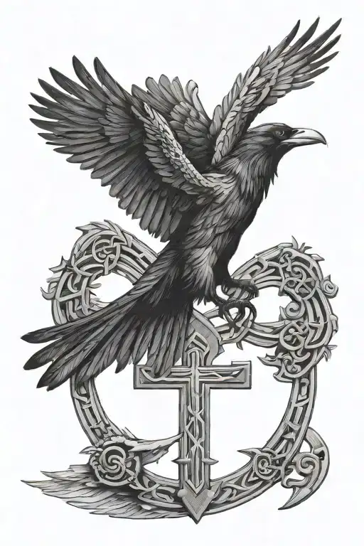Raven Flying And An Ankh Symbol Intertwined