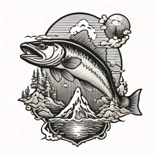A Black-grey Tattoo Of A Mountain Range With A Walleye Fish Jumping Out Of A Lake At The Base