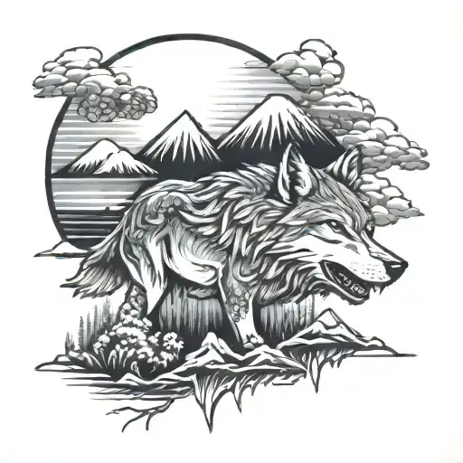 Wolf And Mount Fuji Background Black
