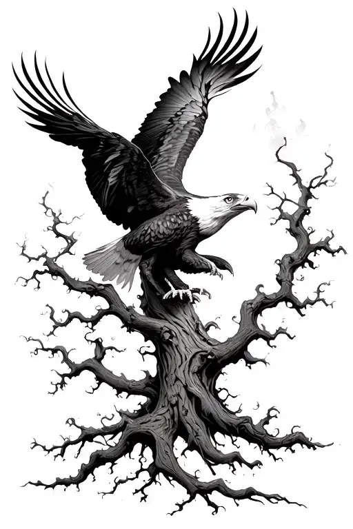 A Intense Fire Protecting A Fully Grown Vine Tree With An Eagle Soaring