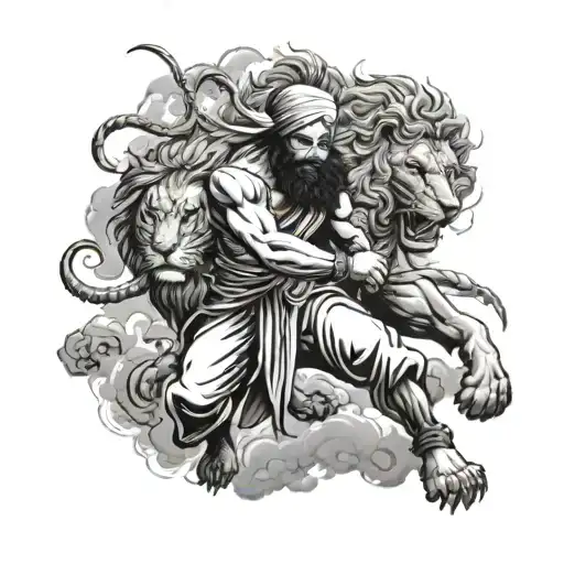 Sikh Warrior Fighting With Lion With Shadow Fighter In The Background And Lightning In The Clouds