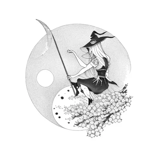 A Witch Riding A Crescent Moon Surrounded By Cherry Blossom Flowers