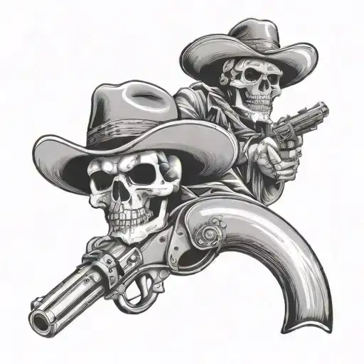 Mexican Skull Gunslinger Holding Two Revolvers Crossing With Skull