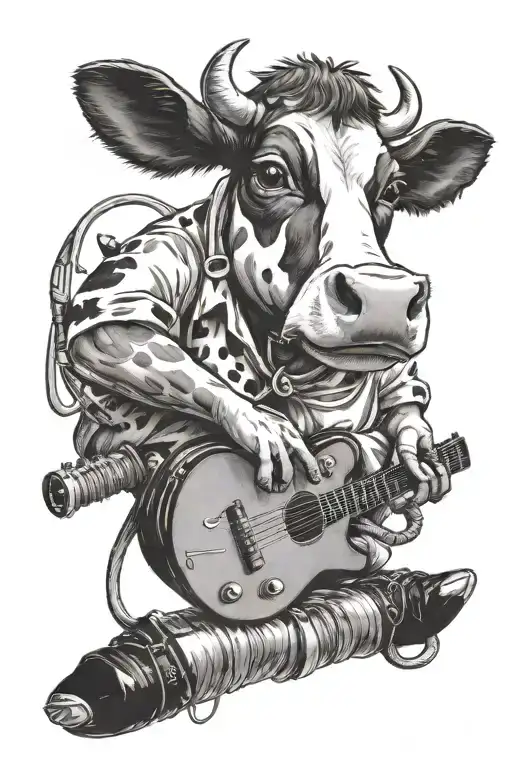 A Cow Playing A Guitar With A Stethoscope Around Its Neck