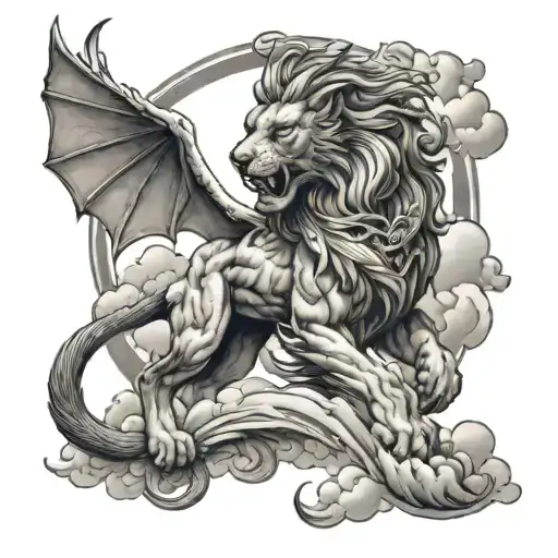 Lion With Dragon Flying Around It And Clouds
