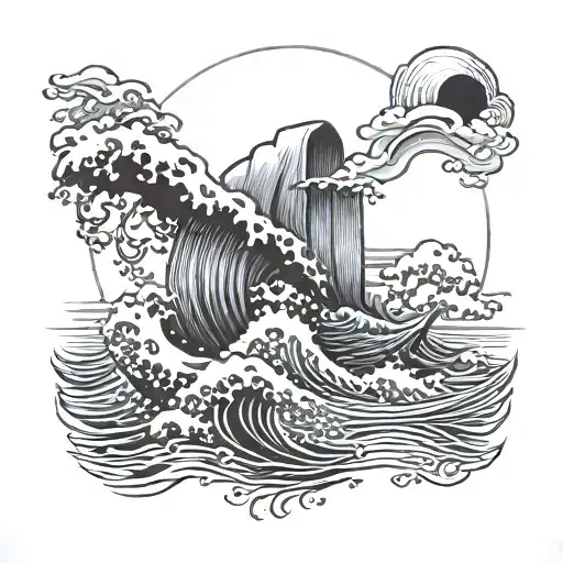 A Powerful Wu-tang Clan Inspired Design Featuring Ocean Waves And A Sun Setting Over The Beach