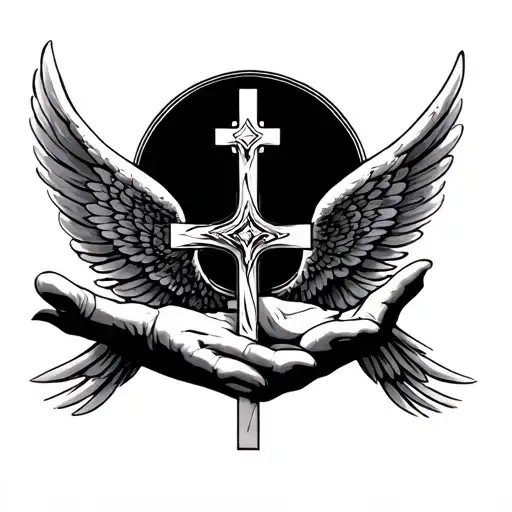 Cross In The Top Of Hand With Angel Wings