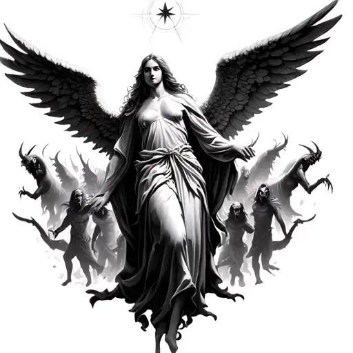 1 Angel Rising Out Of 100S Of Demons Looking At The North Star
