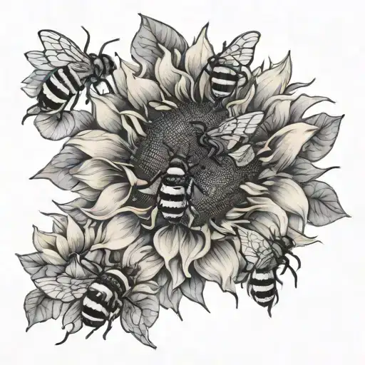 Sunflower And 3 Bees Buzzing