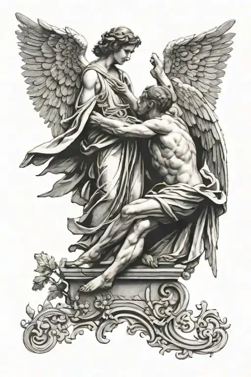 Angel And Man Reaching Towards Each Other