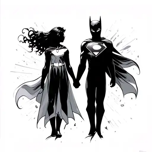 Daughter And Son Holding Hands And Their Shadow Is A Siloette Of A Superhero