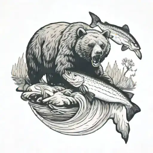A Detailed Black And Grey Tattoo Of A Bear Catching A Fish In A River While Kayakers Pass By