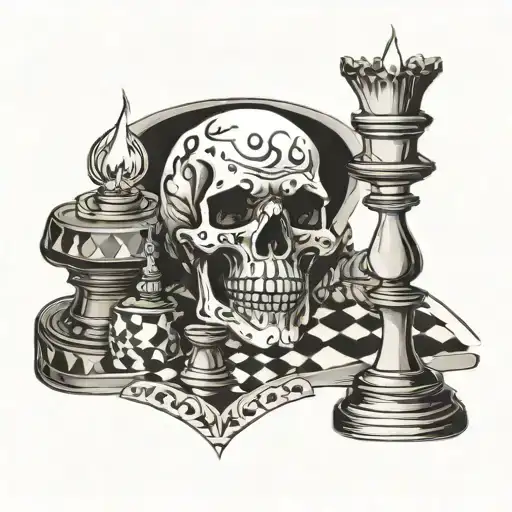 Skull With Candles Hour Glass And Chess Piece