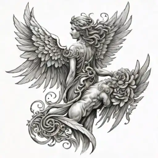 A Back Tattoo Design With Angel Wings And Figures Representing Good And Evil