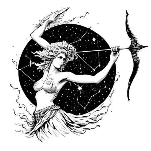 Greek Goddess Shooting An Arrow With A Constellation In The Background