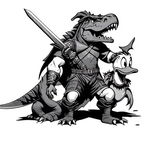 Spartan With A Sword And Scrooge Mcduck And Movie Reel With A T Rex
