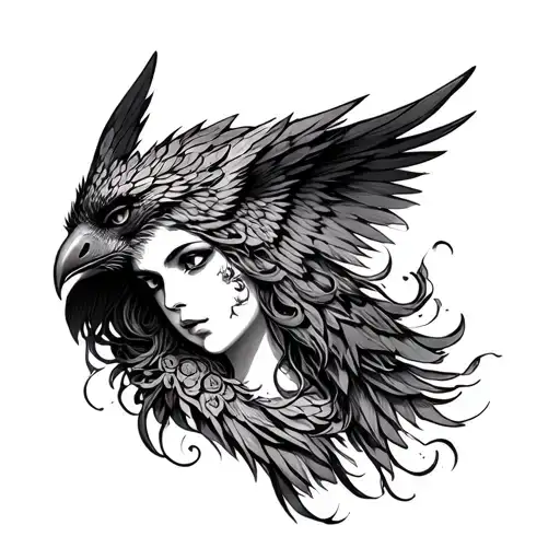 A Mythical Harpy With A Woman's Face With Fine Line Work