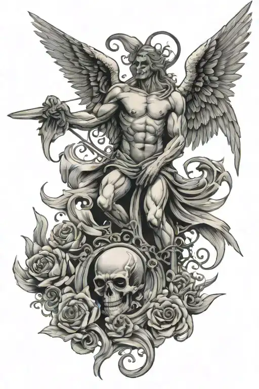 An Angels Back And Wings Flying Over A Dead Demon