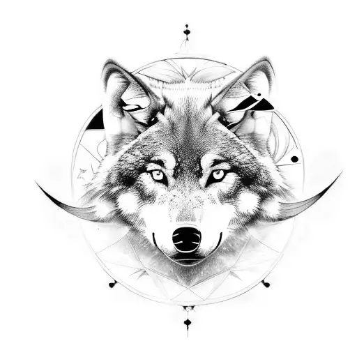 A Black And Grey Tattoo Of A Wolf Surrounded By Celestial Elements