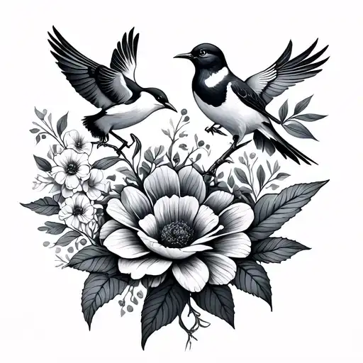 Birds And Flowe Growing Fine Line